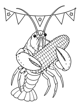 A crawfish coloring page showing a crayfish holding a corn cob beneath party pennants.