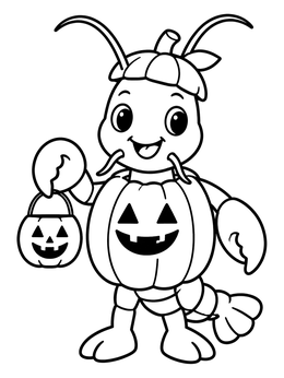 A cute crawfish coloring page featuring a pumpkin costume and candy bucket.