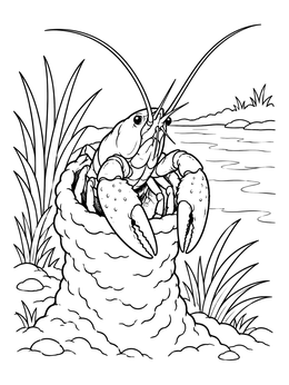A detailed crawfish coloring page showing a crayfish emerging from a mud chimney beside a river.