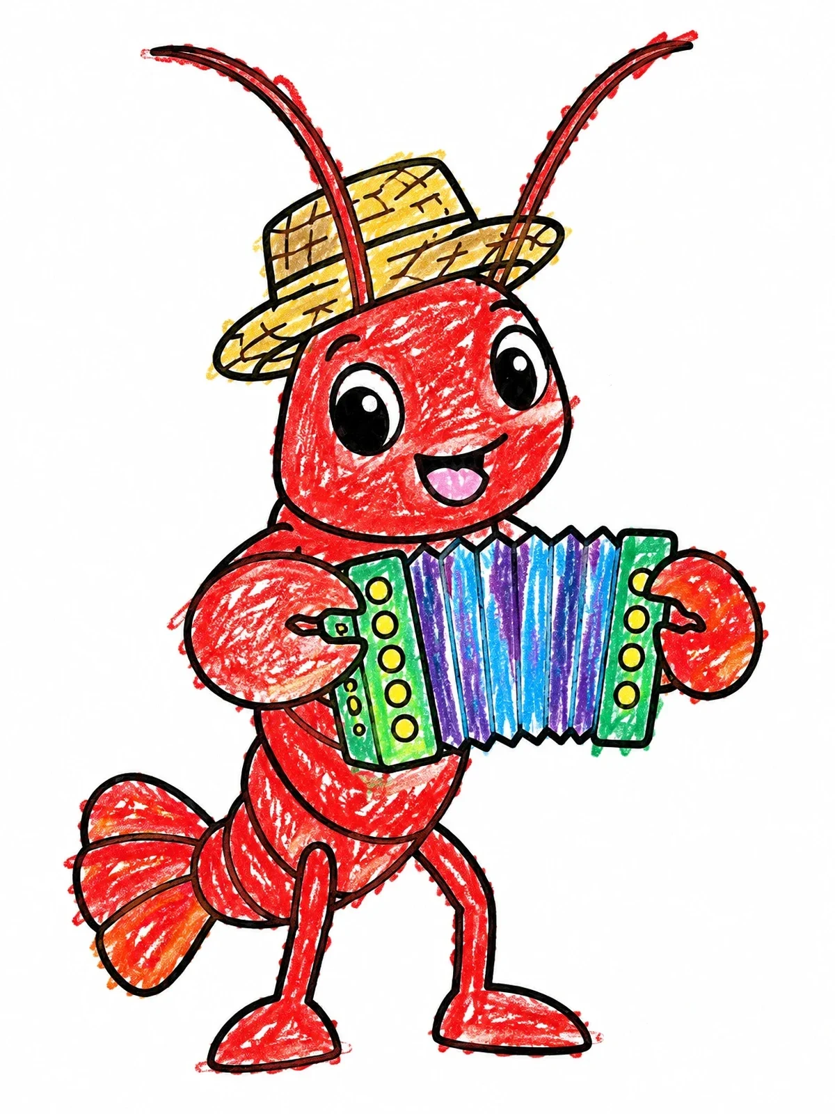 Colored example of the Happy Crawfish Playing Accordion coloring page