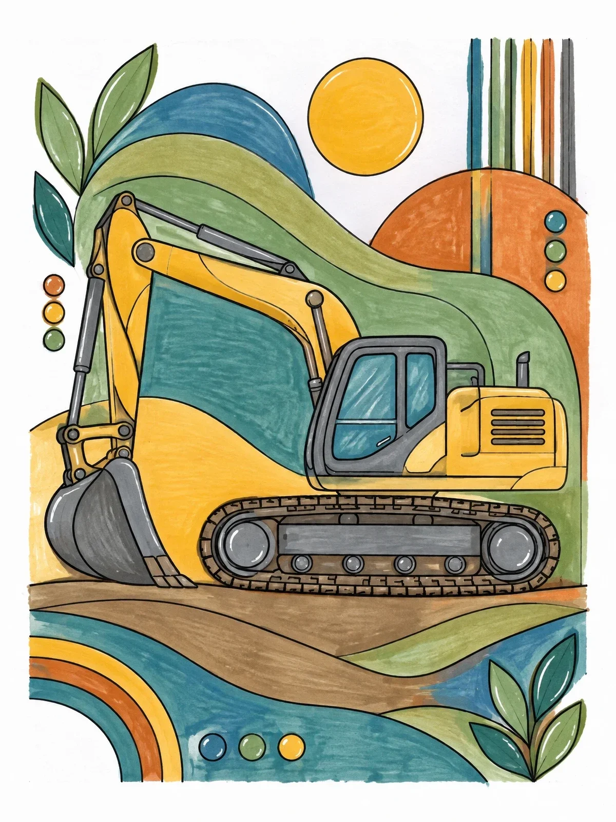 Colored example of the Crawler Excavator With Abstract Shapes coloring page
