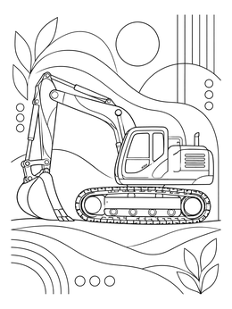 An excavator coloring page showing a crawler machine against modern geometric backgrounds.