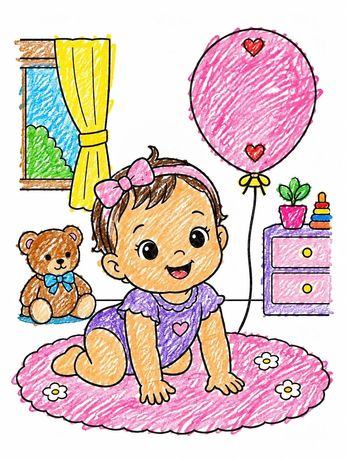 Colored example of the Cute Crawling Baby Girl With Balloon coloring page