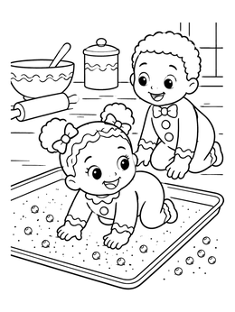 Gingerbread coloring page showing cute cookie babies crawling on a baking tray with sugar pearls.