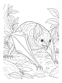 A realistic bat coloring page showing a vampire bat crawling on the forest floor.