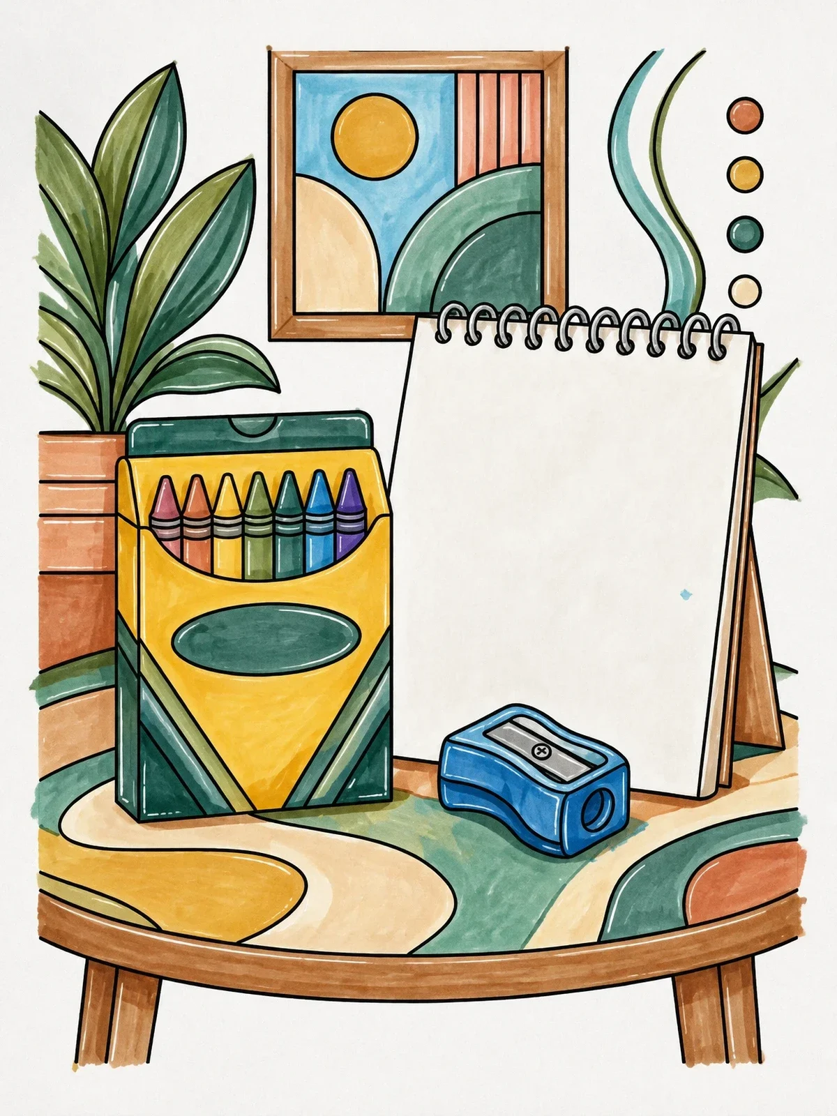 Colored example of the Crayon Box And Sketchpad Still Life coloring page