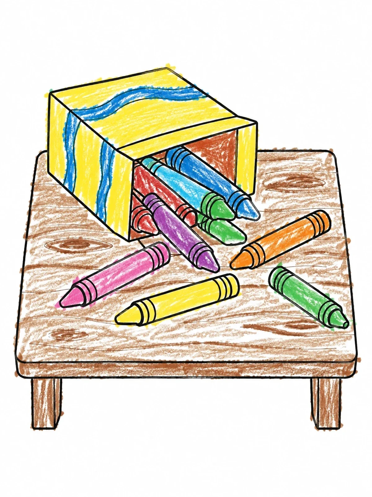 Colored example of the Crayons Spilling On Wooden Table coloring page