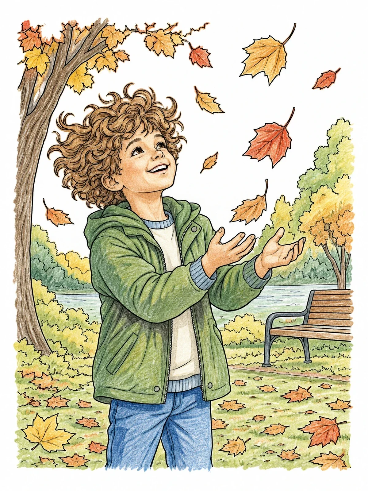 Colored example of the Windblown Curls And Autumn Leaves coloring page
