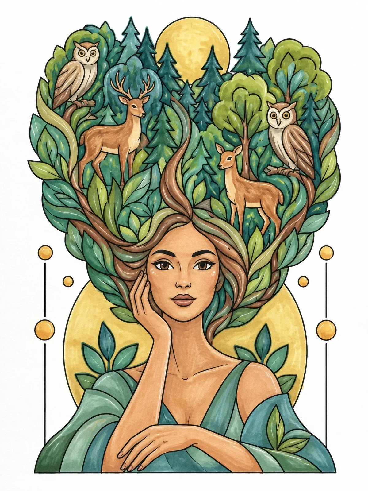 Colored example of the Enchanted Forest Hair With Deer And Owls coloring page