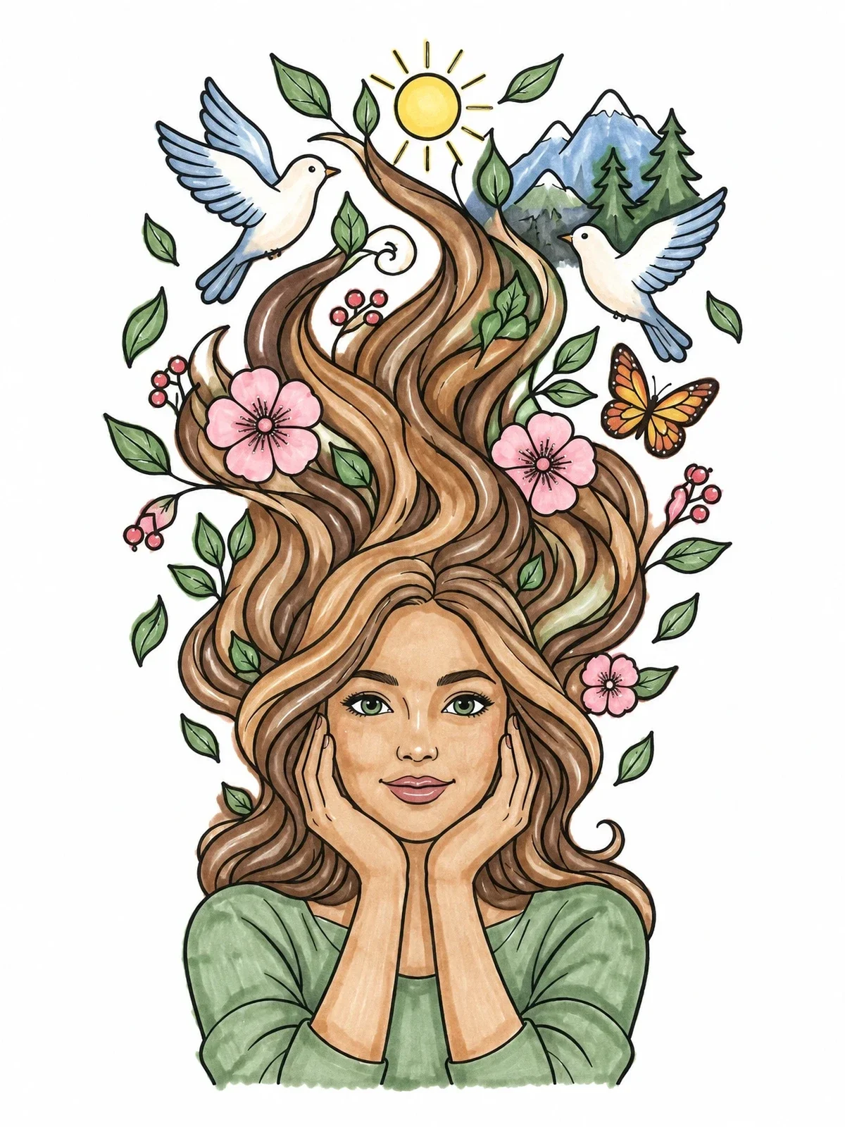 Colored example of the Nature Inspired Flowing Hair Portrait coloring page