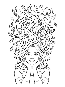 Free printable Nature Inspired Flowing Hair Portrait coloring page