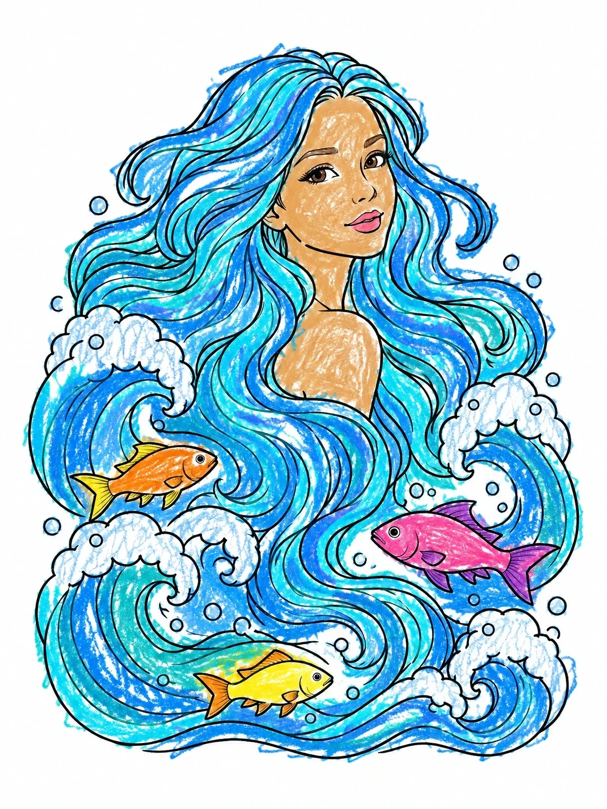 Colored example of the Ocean Wave Hair With Swimming Fish coloring page