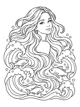 Free printable Ocean Wave Hair With Swimming Fish coloring page