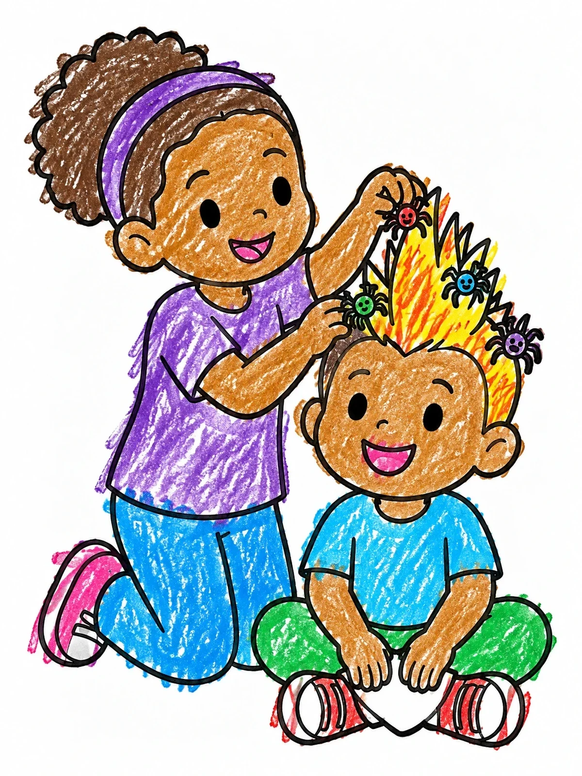 Colored example of the Sister Decorating Brother's Spiky Hair coloring page