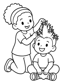 Free printable Sister Decorating Brother's Spiky Hair coloring page