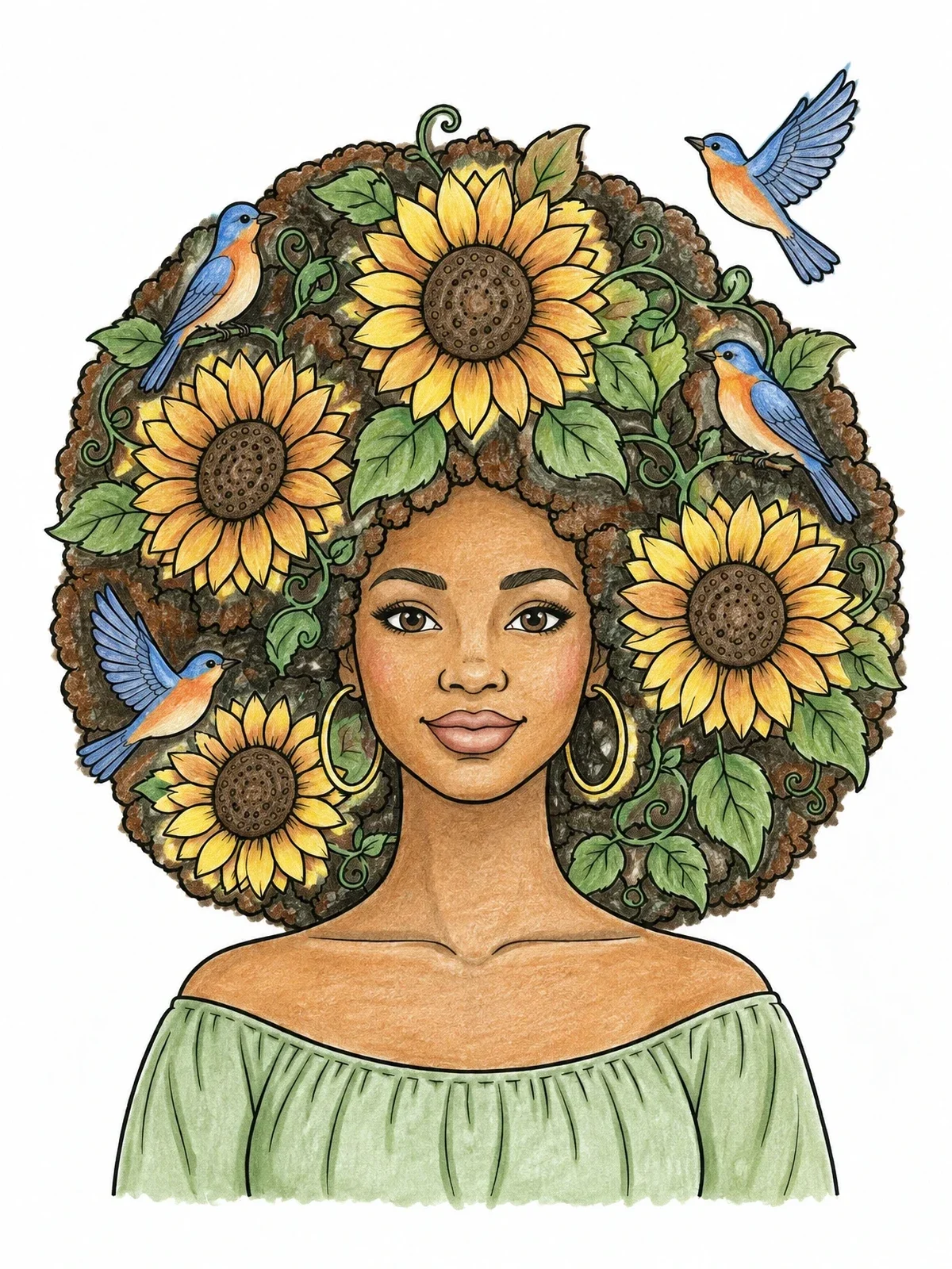Colored example of the Sunflower Afro With Songbirds coloring page