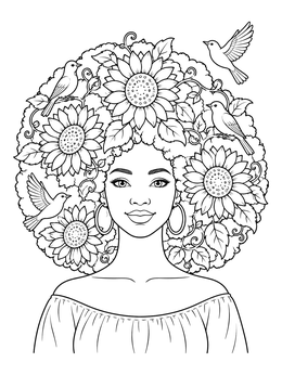 Free printable Sunflower Afro With Songbirds coloring page