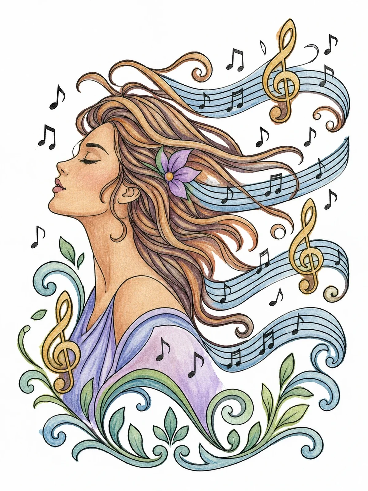 Colored example of the Melodic Hair And Musical Notes coloring page