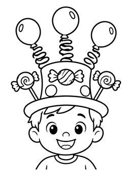 Free printable Boy Wearing Crazy Balloon Hat coloring page