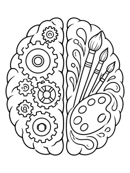 Detailed brain coloring page contrasting mechanical gears with an artist palette and paintbrushes.