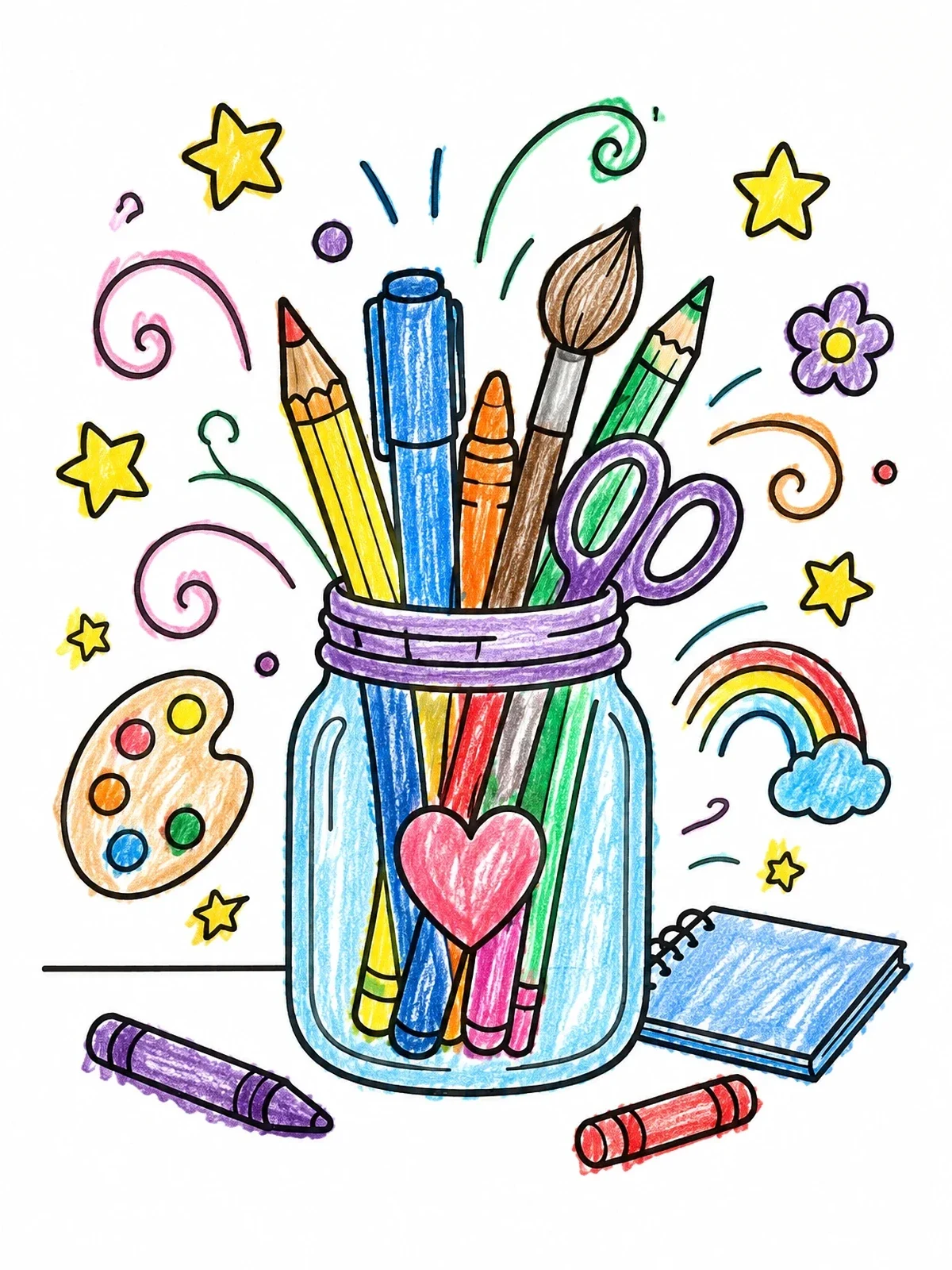 Colored example of the Art Supplies Jar With Creative Doodles coloring page