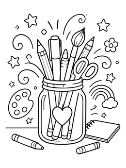 Free printable Art Supplies Jar With Creative Doodles coloring page