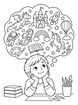 Free printable Boy Daydreaming With Imagination Cloud coloring page