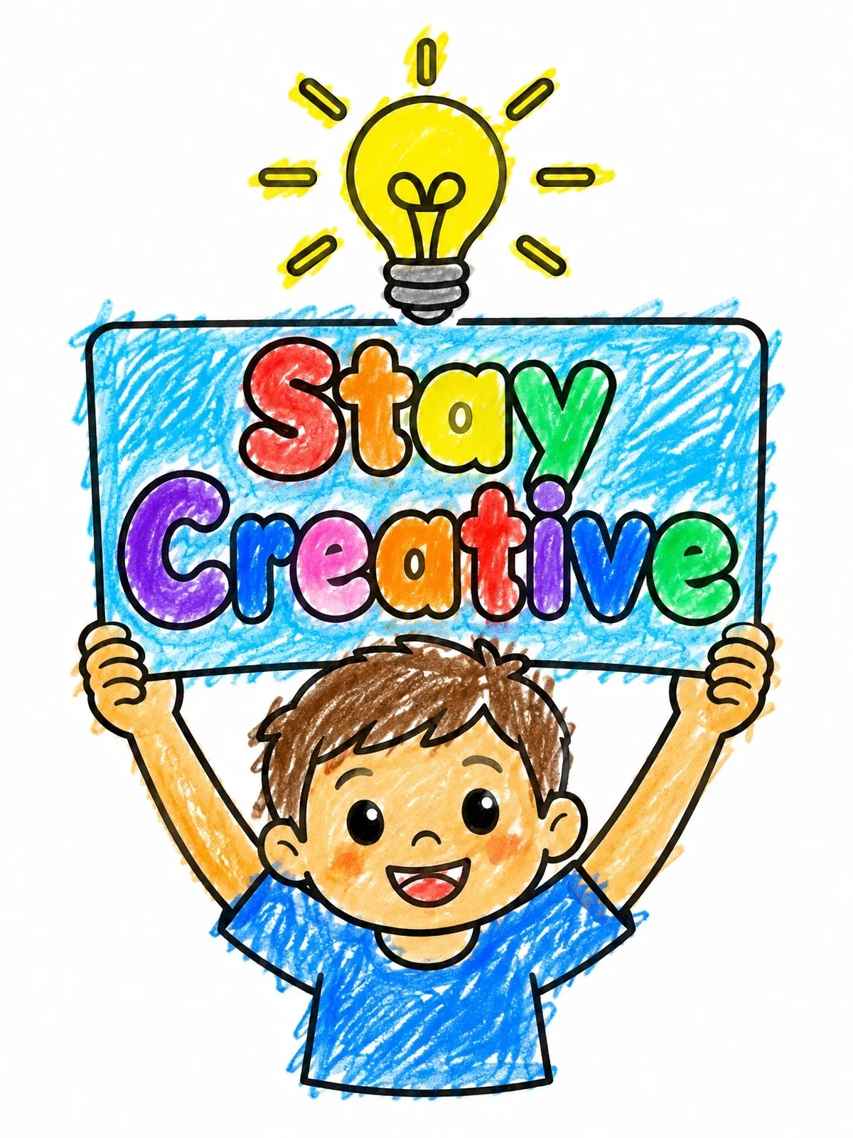 Colored example of the Boy Holding Stay Creative Sign coloring page