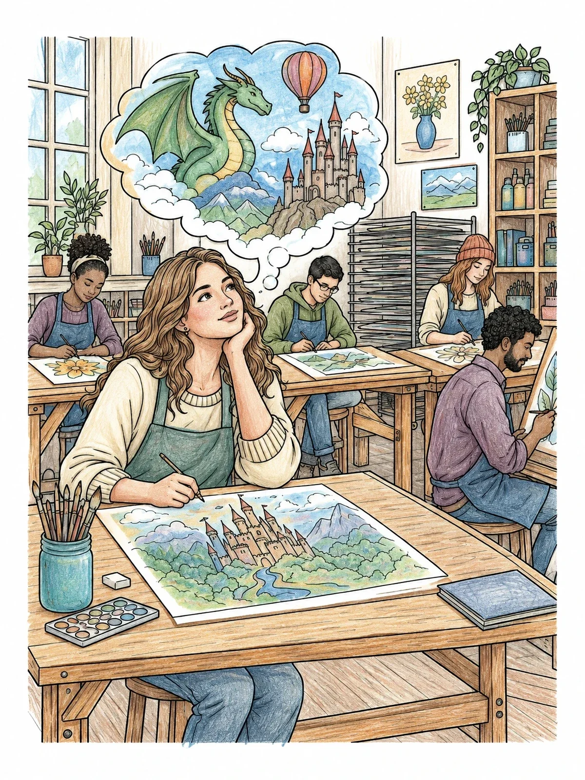 Colored example of the Daydreaming In Art Class coloring page