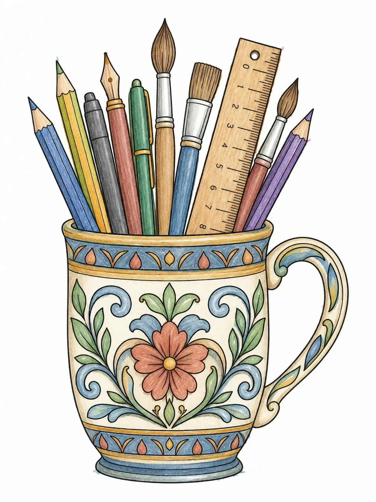 Colored example of the Decorated Mug With Artist Supplies coloring page