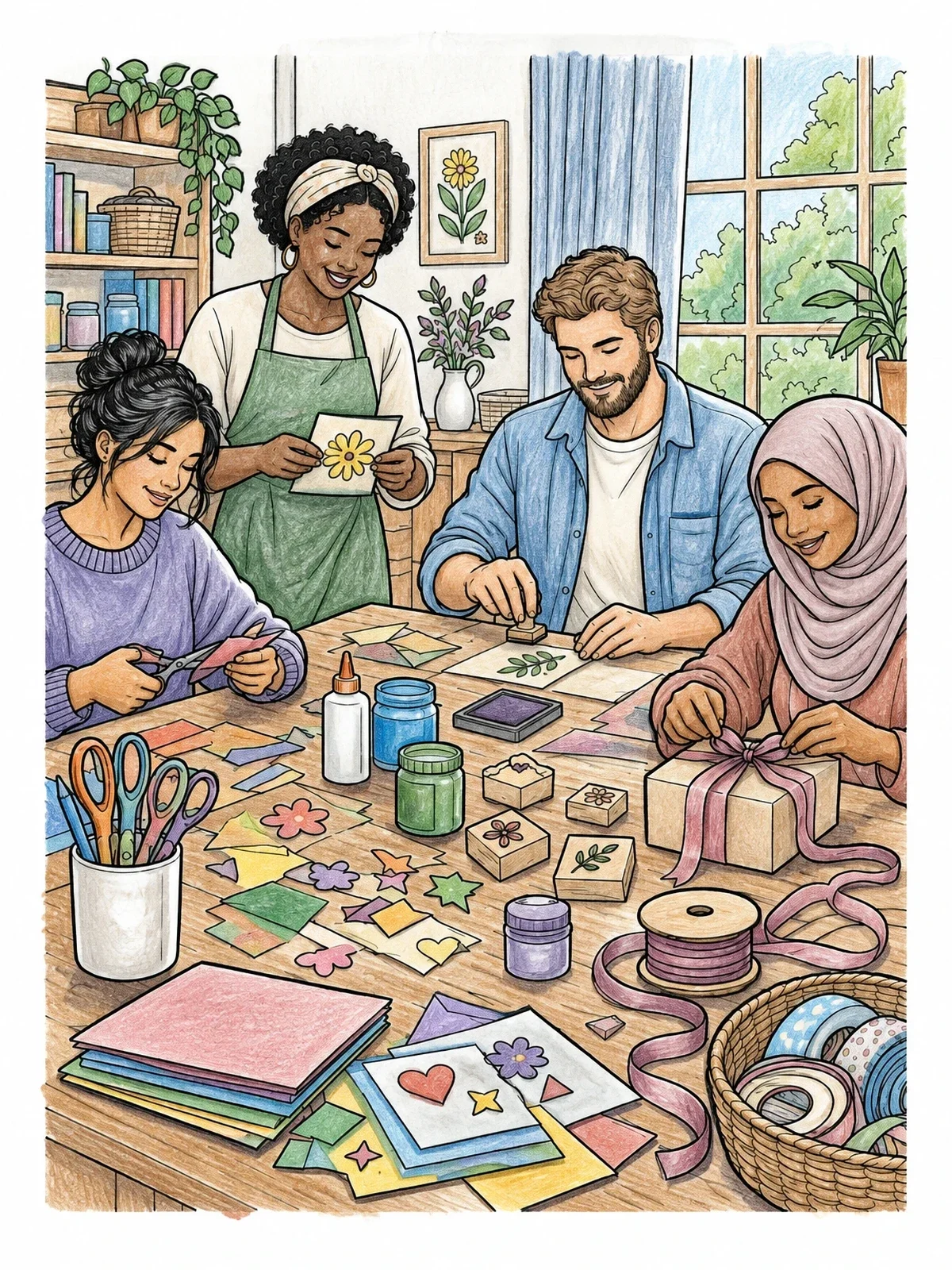 Colored example of the Friends Crafting At Workshop Table coloring page