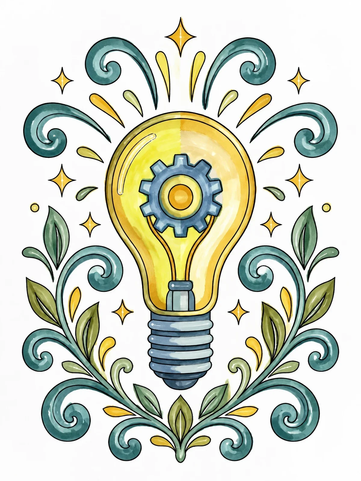 Colored example of the Gear Lightbulb With Swirling Flourishes coloring page