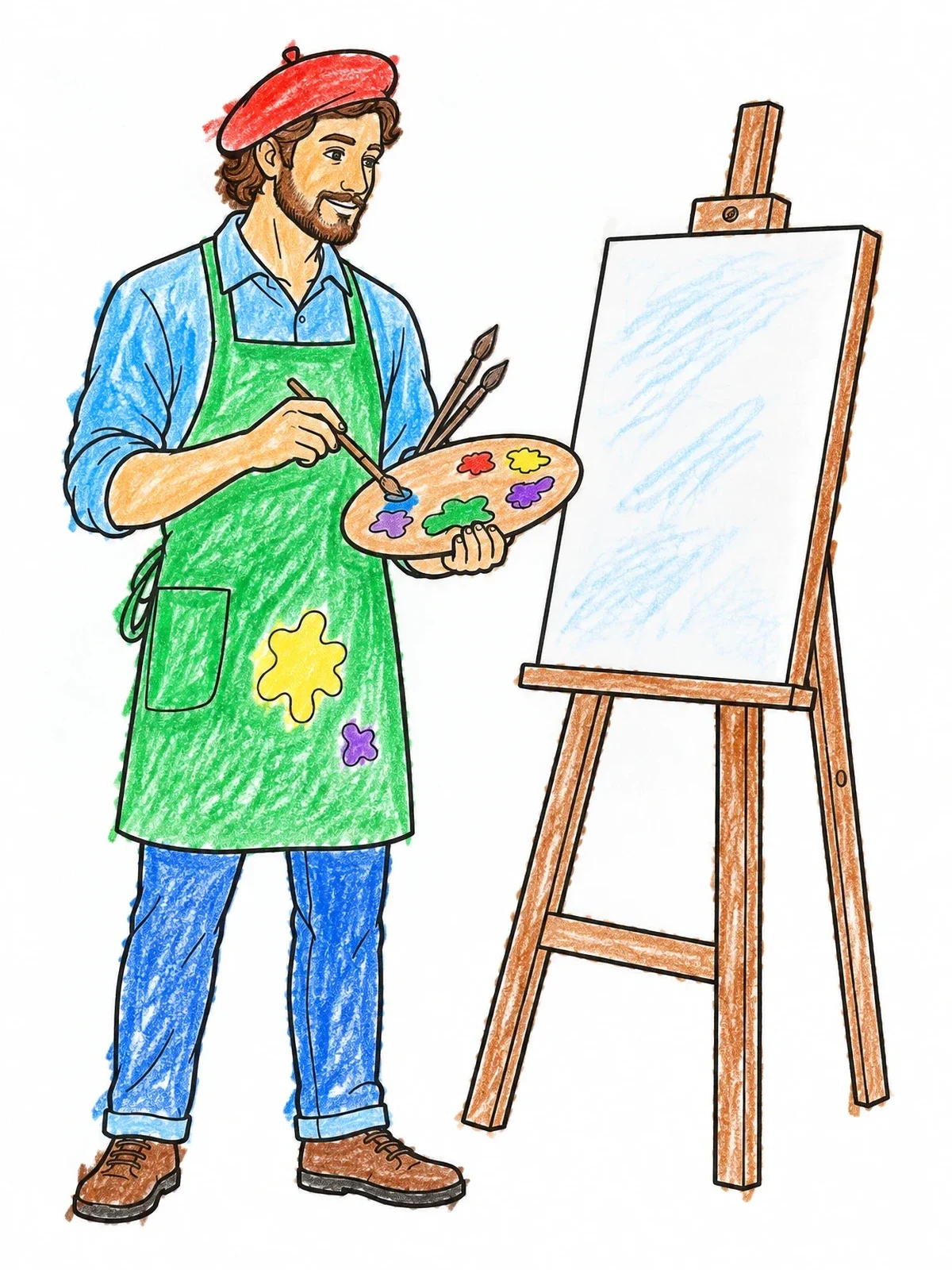 Colored example of the Painter At The Easel With Palette coloring page