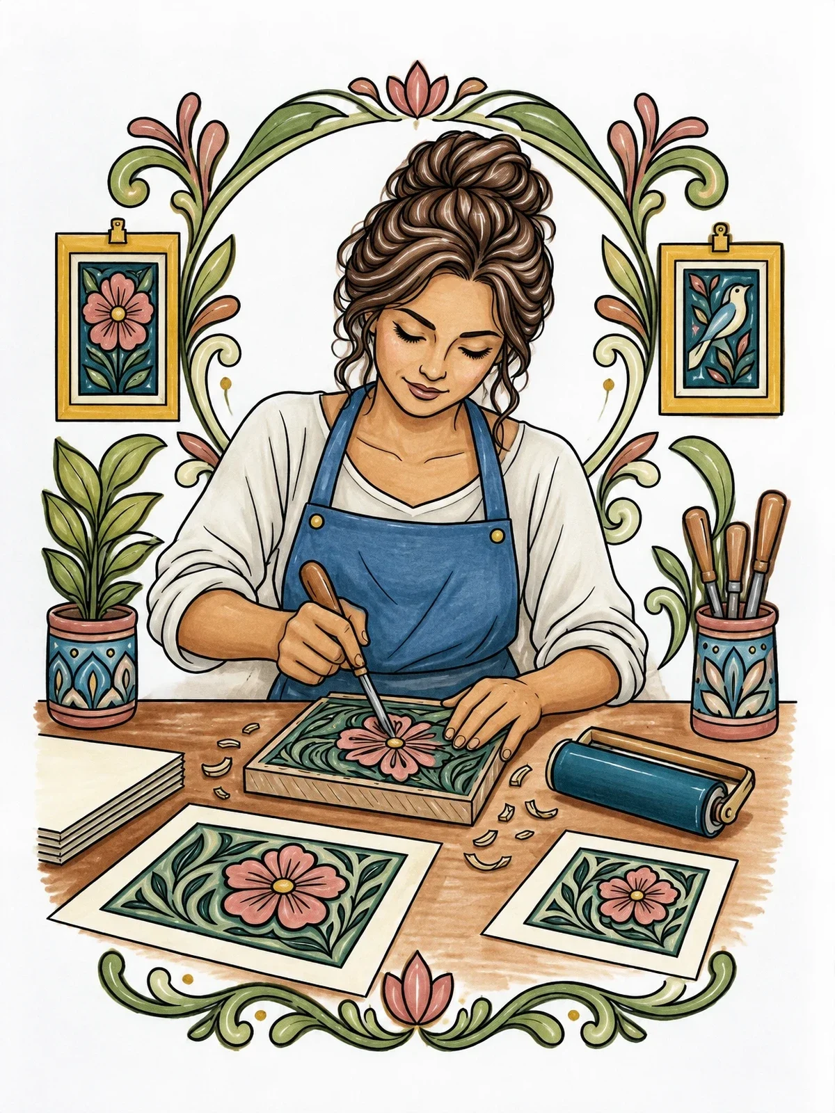 Colored example of the Printmaker Carving Linocut Floral Art coloring page