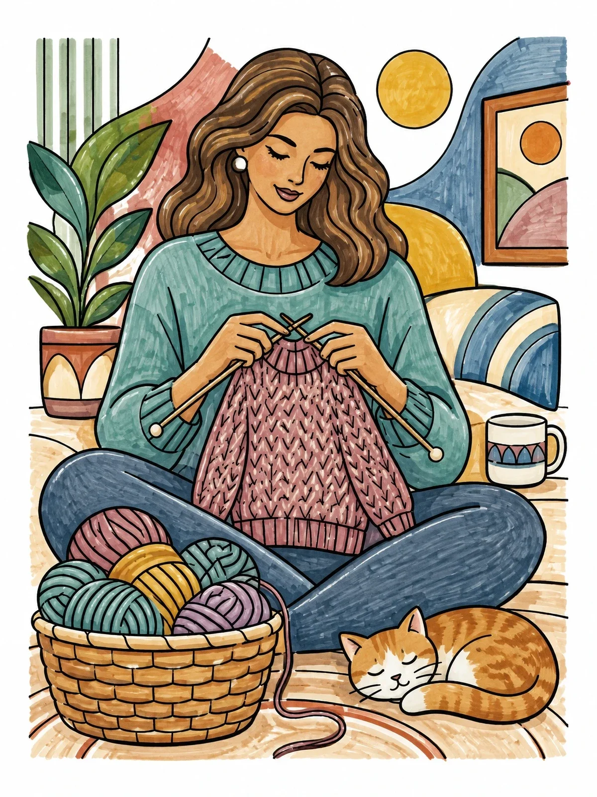 Colored example of the Woman Knitting Cozy Sweater With Cat coloring page
