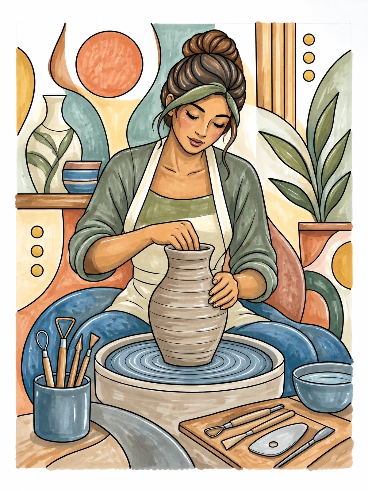 Colored example of the Woman Shaping Pottery At The Wheel coloring page