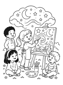 Free printable Young Artist Painting Starry Night coloring page
