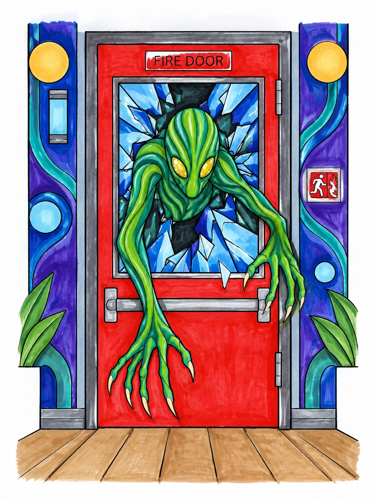 Colored example of the Creature Reaching Through Fire Door coloring page