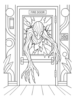 Free printable Creature Reaching Through Fire Door coloring page