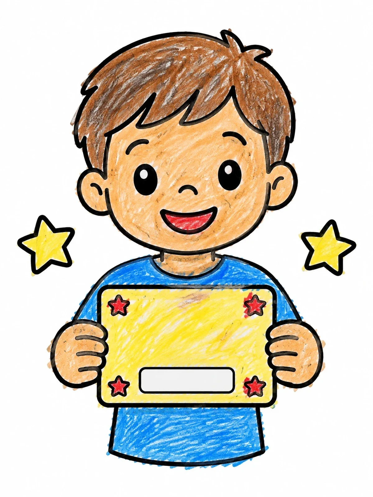 Colored example of the Happy Boy Holding Reward Card coloring page