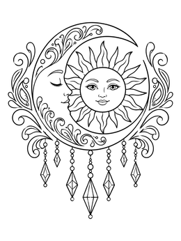 A serene sun and moon coloring page featuring decorative swirls and hanging crystals.