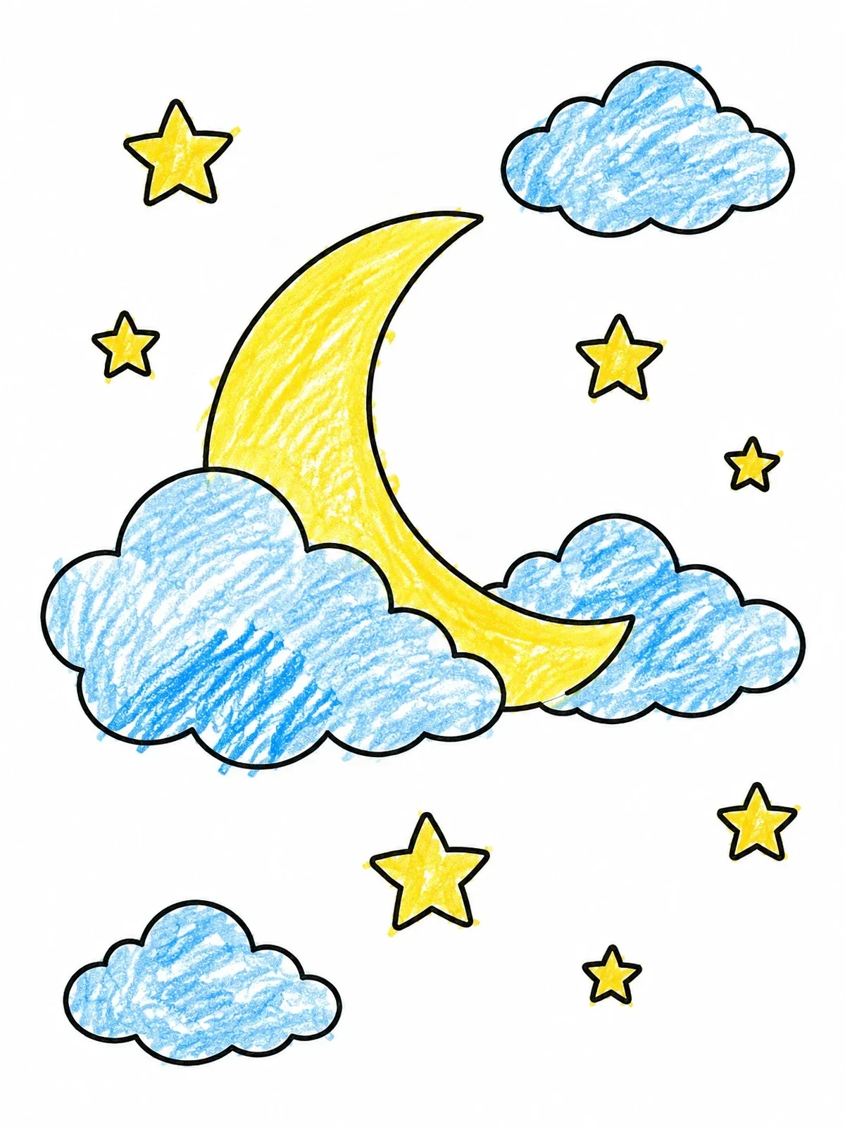 Colored example of the Crescent Moon Resting On Fluffy Clouds coloring page