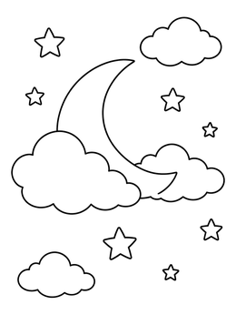 Free printable Crescent Moon Resting On Fluffy Clouds coloring page