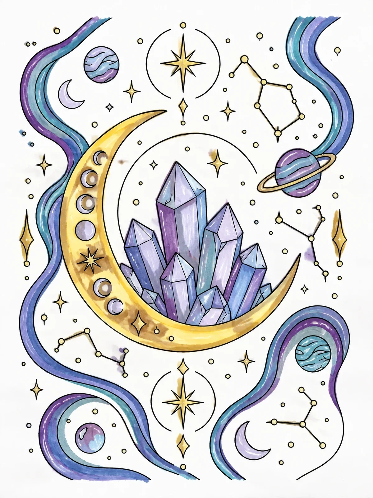 Colored example of the Crescent Moon And Crystals In Space coloring page