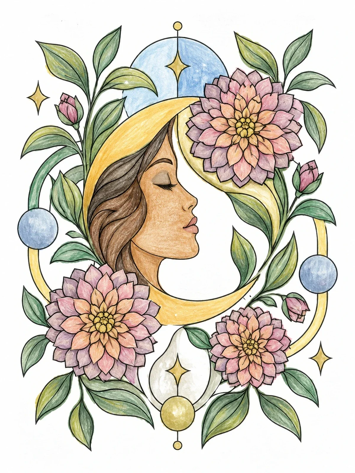 Colored example of the Crescent Moon And Dahlias Floral Profile coloring page