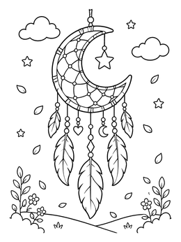 Free printable Crescent Moon Dream Catcher With Stars coloring page