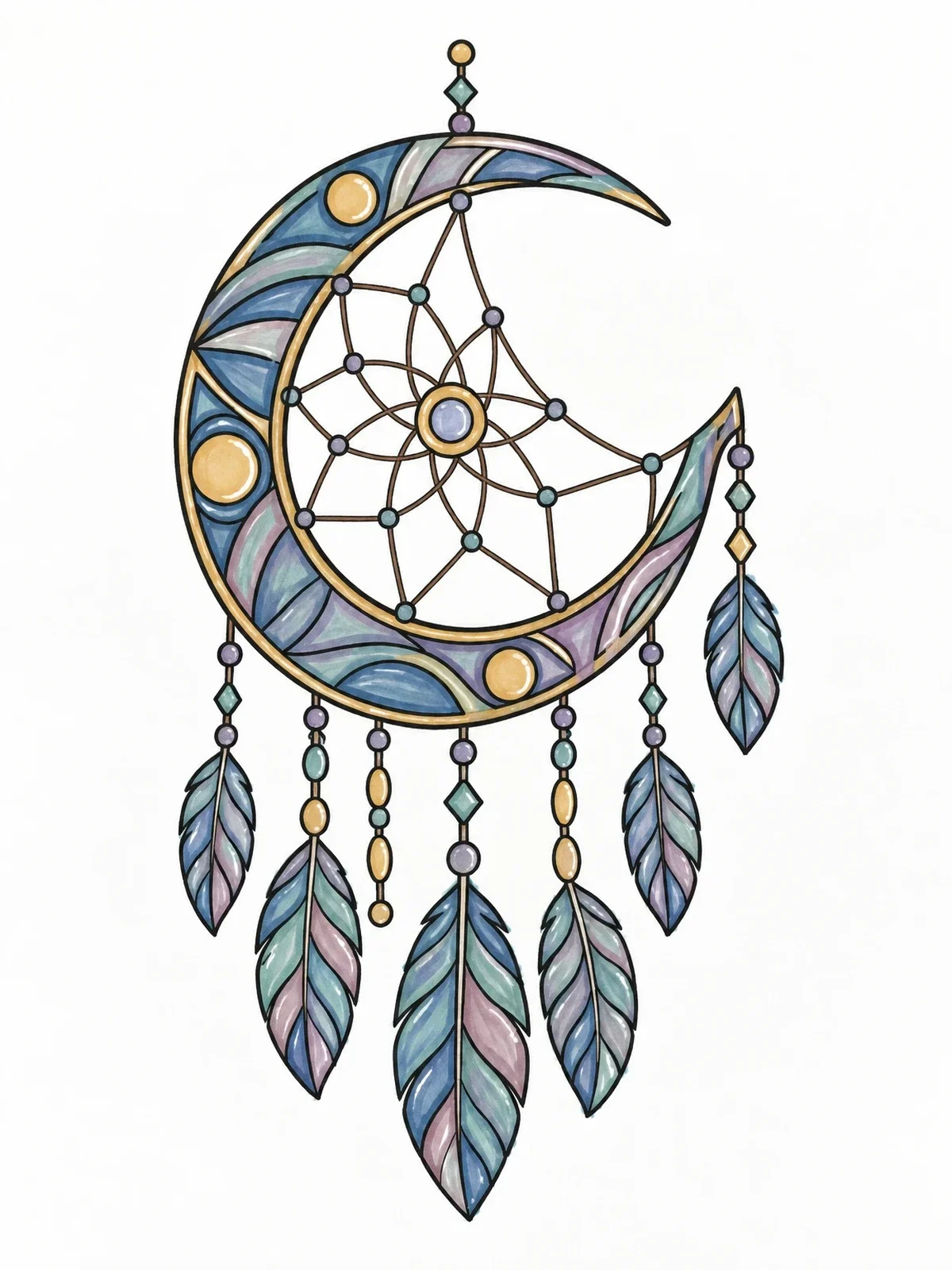 Colored example of the Crescent Moon Dreamcatcher With Feathers coloring page