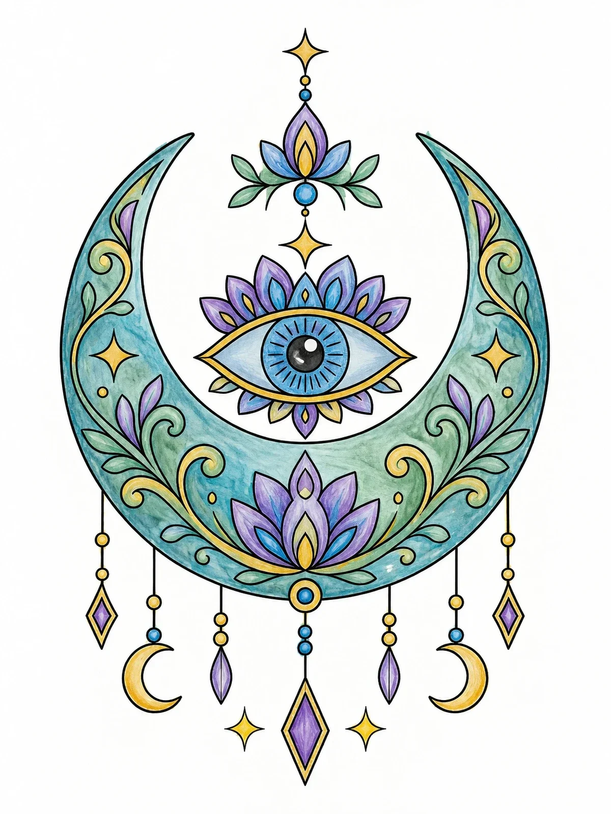 Colored example of the Crescent Moon Evil Eye Talisman coloring page