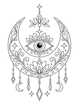 Mystical crescent moon and evil eye coloring page surrounded by lotus motifs.