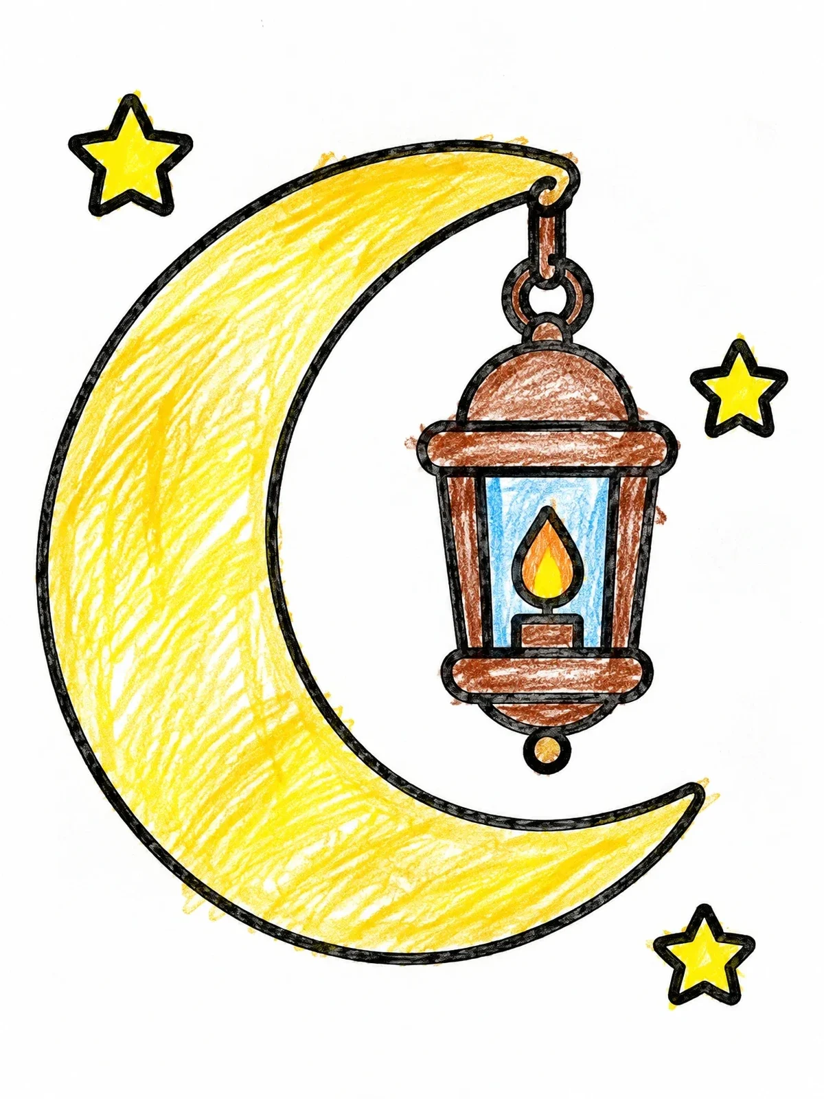 Colored example of the Crescent Moon And Hanging Lantern coloring page